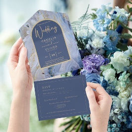 Invitación Todo En Uno Moderno Boda de Arco de Mármol de la Agate Blue Go