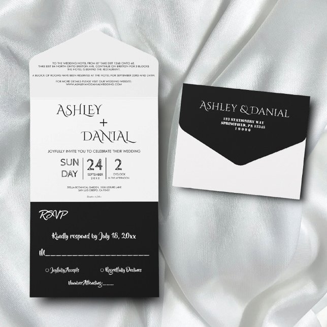 Invitación Todo En Uno Moderno Boda de caligrafía blanca y negra (Subido por el creador)