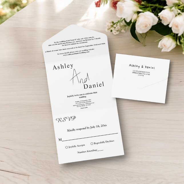 Invitación Todo En Uno Moderno Boda de caligrafía blanca y negra simple (Subido por el creador)