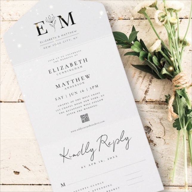Invitación Todo En Uno Moderno Boda de código QR elegante de follaje Mini (Subido por el creador)
