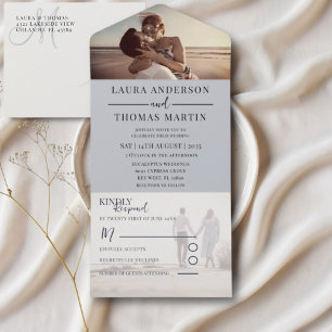 Invitación Todo En Uno Moderno Boda de Collage de fotos azul turbulento