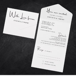 Invitación Todo En Uno Moderno Boda de escritura blanca minimalista en ne