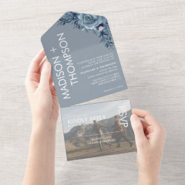 Invitación Todo En Uno Moderno Boda de fotografía azul turbio y moderno d