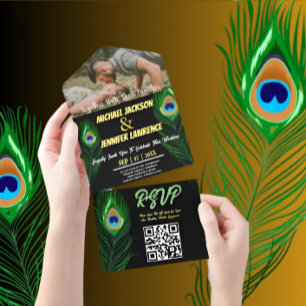 Invitación Todo En Uno Moderno Boda de fotografía de la pluma de pavo rea