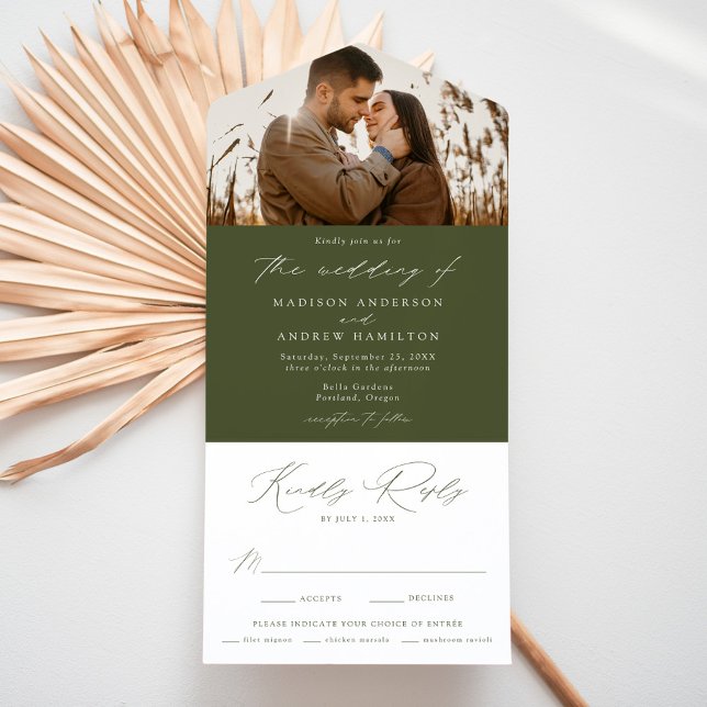 Invitación Todo En Uno Moderno Boda de fotografía verde oliva elegante (Subido por el creador)