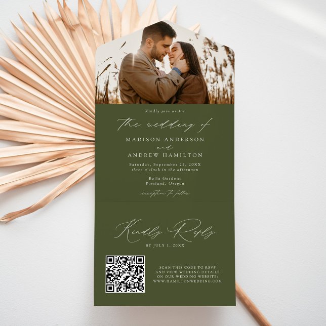 Invitación Todo En Uno Moderno Boda de fotografía verde oliva elegante (Subido por el creador)