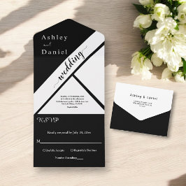 Invitación Todo En Uno Moderno Boda De Moda Blanco Y Negro Elegante