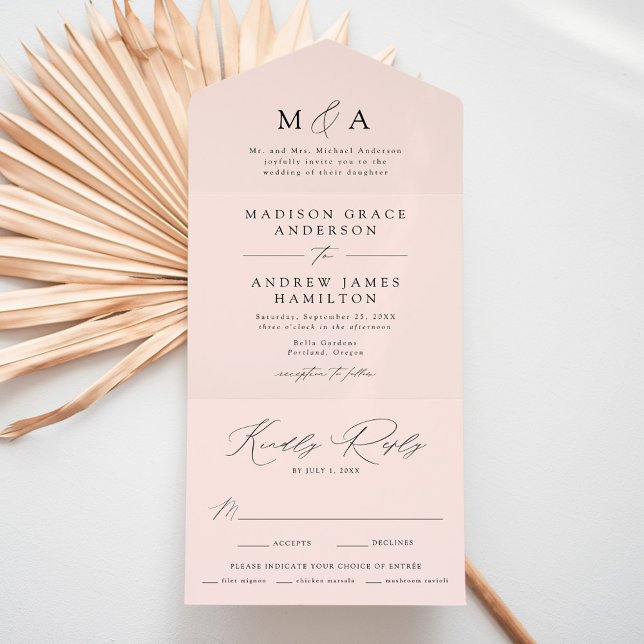 Invitación Todo En Uno Moderno Boda de Rubor elegante monograma (Subido por el creador)