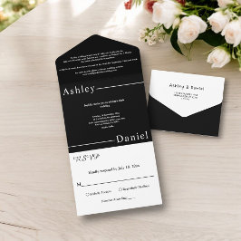 Invitación Todo En Uno Moderno Boda Delicado Blanco Y Negro Sencillo