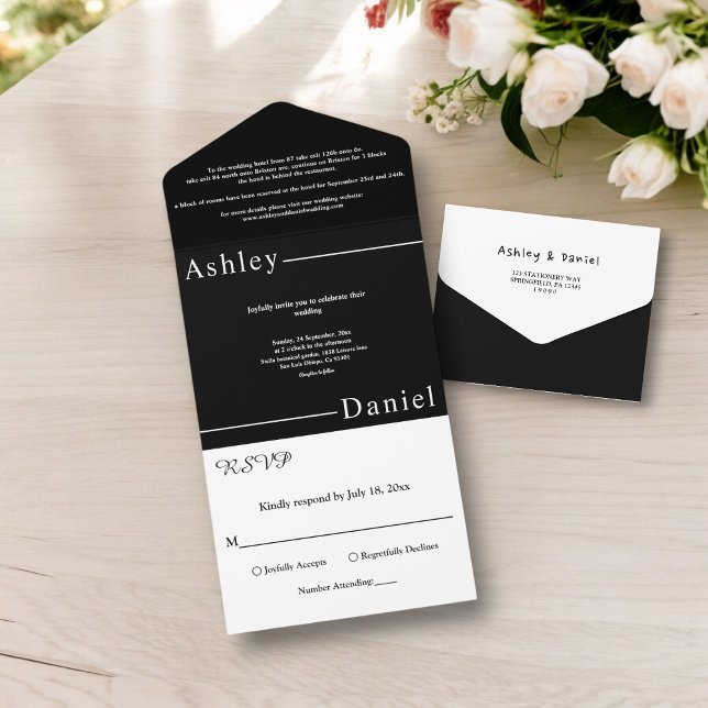 Invitación Todo En Uno Moderno Boda Delicado Blanco Y Negro Sencillo (Subido por el creador)