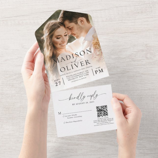 Invitación Todo En Uno Moderno Boda elegante de código QR clásico (desgarro)