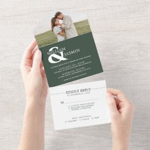 Invitación Todo En Uno Moderno Boda elegante de fotografía verde oscuro y