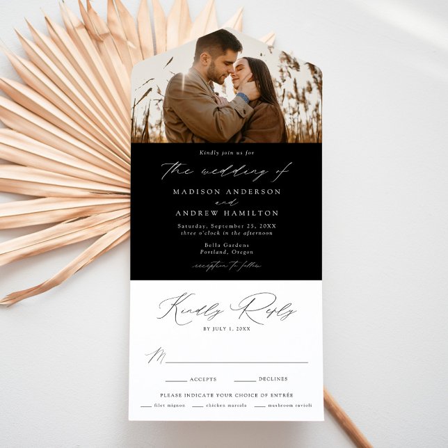 Invitación Todo En Uno Moderno Boda elegante de fotografías en blanco y n (Subido por el creador)