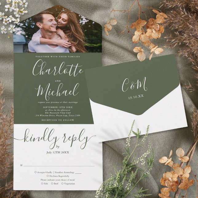 Invitación Todo En Uno Moderno Boda elegante de guion de olivo todo (Modern Elegant Olive Script Photo Wedding All In One Invitation)