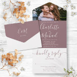 Invitación Todo En Uno Moderno Boda elegante de guiones malauíes todo<br><div class="desc">Toda en una invitación de boda con tu foto especial y elegante nombre de guión de firma y iniciales de monograma en un fondo malva. La invitación incluye una tarjeta RSVP perforada que puede ser dirigida individualmente o dejada en blanco para que pueda escribir a mano los detalles de la...</div>