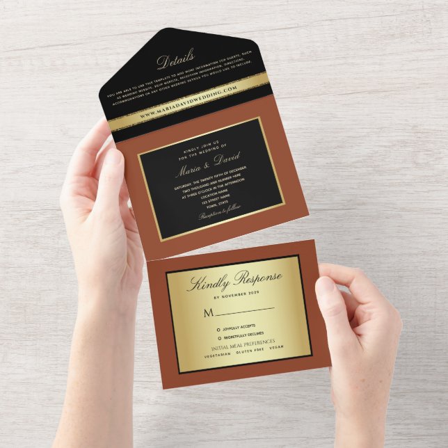 Invitación Todo En Uno Moderno Boda elegante de oro y negro (desgarro)