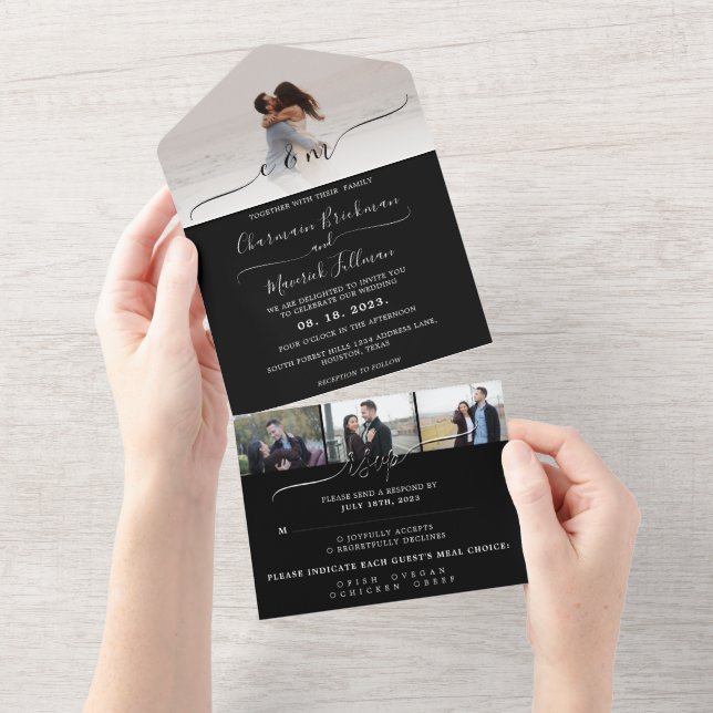 Invitación Todo En Uno Moderno Boda elegante en blanco y negro/ foto RSVP (desgarro)