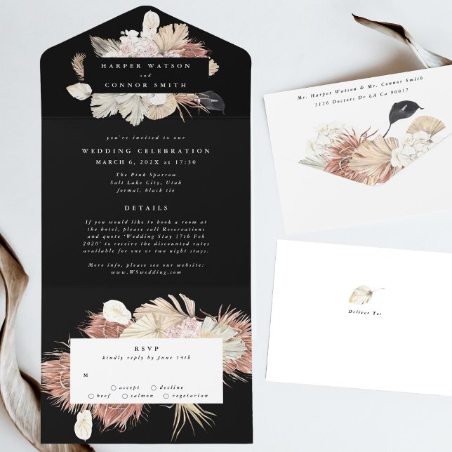 Invitación Todo En Uno Moderno Boda Floral Black Premium Wreath Pampas (Subido por el creador)