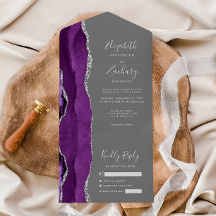 Invitación Todo En Uno Moderno Boda Gris de Agate de Plata Púrpura