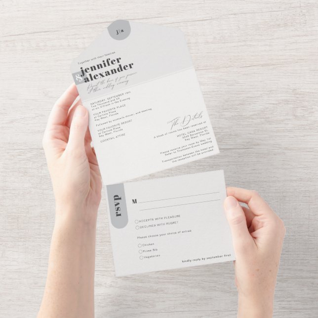 Invitación Todo En Uno Moderno Boda Gris Simple Mínimo (desgarro)