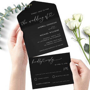 Invitación Todo En Uno Moderno Boda Minimalista con guión de Moda negra