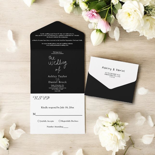 Invitación Todo En Uno Moderno Boda Mínimo De Caligrafía Blanco Y Negro (Subido por el creador)