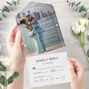 Invitación Todo En Uno Moderno Boda Mínimo de Fotografía Boho Arch Sparkl