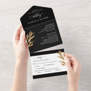 Invitación Todo En Uno Moderno Boda negro y dorado con RSVP perfeccionado