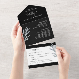 Invitación Todo En Uno Moderno Boda negro y plateado con RSVP perfecciona