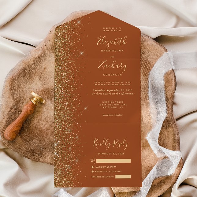 Invitación Todo En Uno Moderno Boda Purpurina de Terracota Gold (Subido por el creador)
