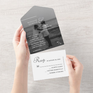 Invitación Todo En Uno Moderno Boda simple de fotos en blanco negro