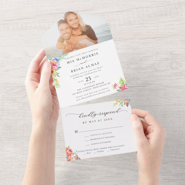 Invitación Todo En Uno Moderno Boda Tropical Elegante de guiones (desgarro)