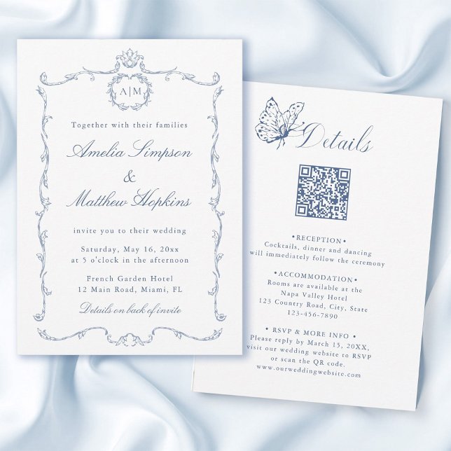 Invitación Todo en uno Moderno Clásico Francés Boda Azul (Front & Back)