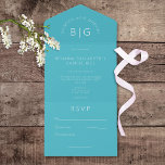 Invitación Todo En Uno Moderno Clásico Mínimo Monograma Aqua Sin Cena<br><div class="desc">DISPONIBLE CON O SIN CÓDIGO QR O OPCIONES DE SELECCIÓN DE CENAS. Sencillo, elegante y moderno, este giro contemporáneo en una invitación clásica monogramada presenta las primeras iniciales de la pareja en la parte superior, con sus nombres en un sencillo arco encima de ellas. Una fuente moderna y limpia sobre...</div>
