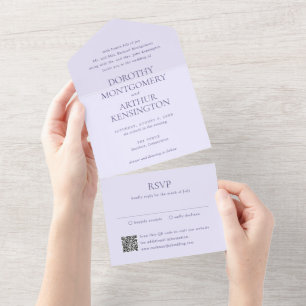 Invitación Todo En Uno Moderno código QR Lilac matrimonio elegante