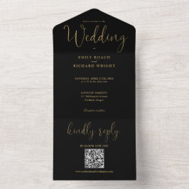 Invitación Todo En Uno Moderno Código QR Minimalista Código Negro Y Boda 