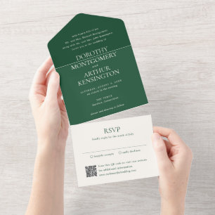Invitación Todo En Uno Moderno código QR verde esmeralda elegante matrimo