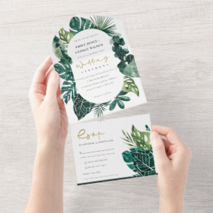 INVITACIÓN TODO EN UNO MODERNO COLOR DE AGUA VERDE TROPICAL MONSTERA FOLI