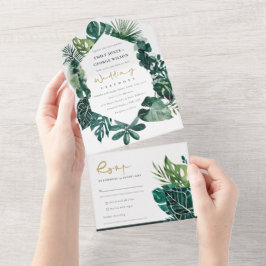 INVITACIÓN TODO EN UNO MODERNO COLOR DE AGUA VERDE TROPICAL MONSTERA FOLI