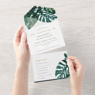 INVITACIÓN TODO EN UNO MODERNO COLOR DE AGUA VERDE TROPICAL MONSTERA FOLI