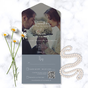 Invitación Todo En Uno Moderno Dusty Blue Elegant Photo QR Code