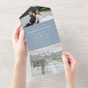 Invitación Todo En Uno Moderno Dusty Blue QR Code 2 Foto Boda RSVP