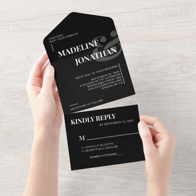 Invitación Todo En Uno Moderno elegante negro negro negrita Boda negrita  (desgarro)