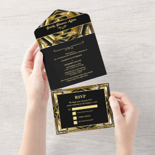 Invitación Todo En Uno Moderno Gatsby de color negro y oro Art Deco Boda