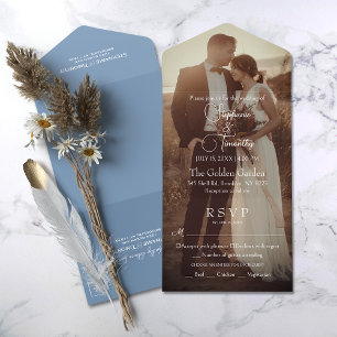 Invitación Todo En Uno Moderno matrimonio Dusty Blue Photo Wedding RSVP