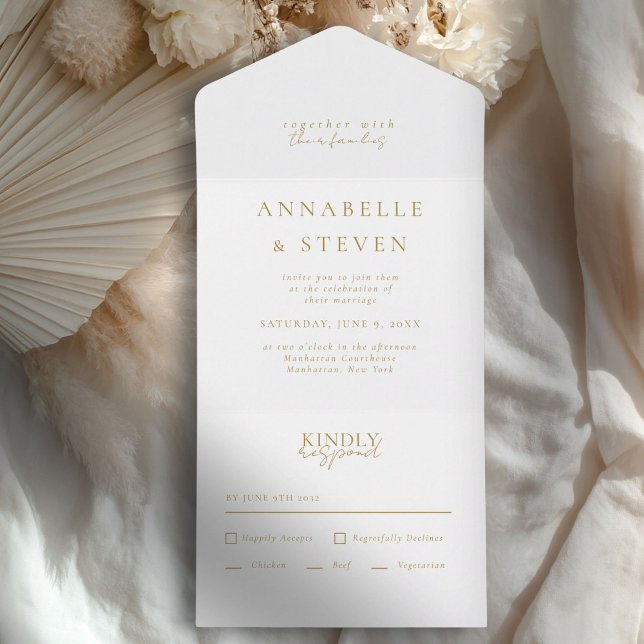 Invitación Todo En Uno Moderno, minimalista, blanco, Boda (Modern, Minimal, White & Copper, Wedding All In One Invitation)