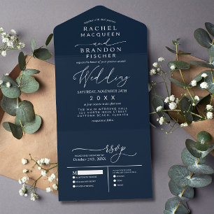 Invitación Todo En Uno Moderno Minimalista elegante Boda blanco azul de l
