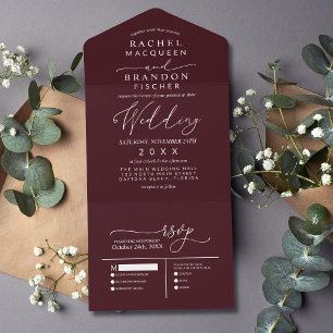 Invitación Todo En Uno Moderno Minimalista elegante Boda blanco de Borgoñ