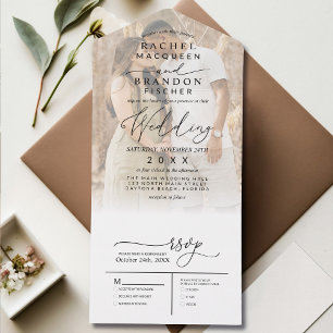 Invitación Todo En Uno Moderno minimalista elegante Boda de fotos en blan