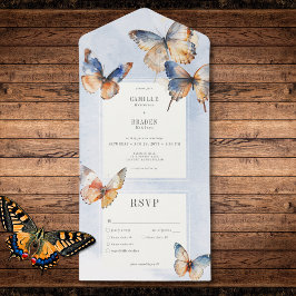 Invitación Todo En Uno Moderno Mínimo Azul y Mariposas Rust Cena